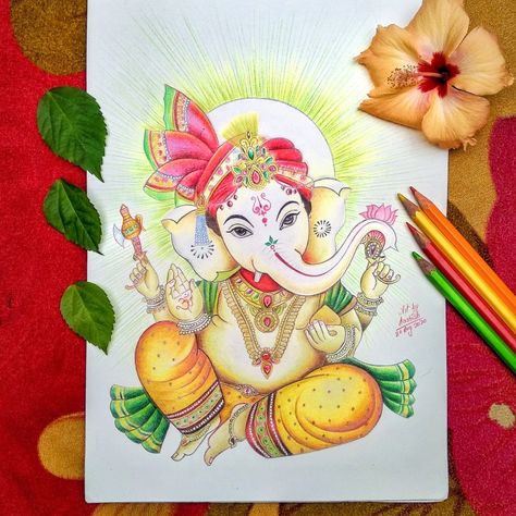 My new drawing of the great lord Ganesh ji using Doms pencil colors. Follow me for more (@artbyaashish). 🤗 Ganesha Art With Color Pencil, Ganesha Color Pencil Sketch, Ganesh Colour Pencil Drawing, Ganesh Ji On Canvas, Ganesha Colour Pencil Art, Creative Ganpati Drawing, Lord Ganesh Drawings, Ganesh Ji Drawing Colour, Cute Ganesh Ji Drawing