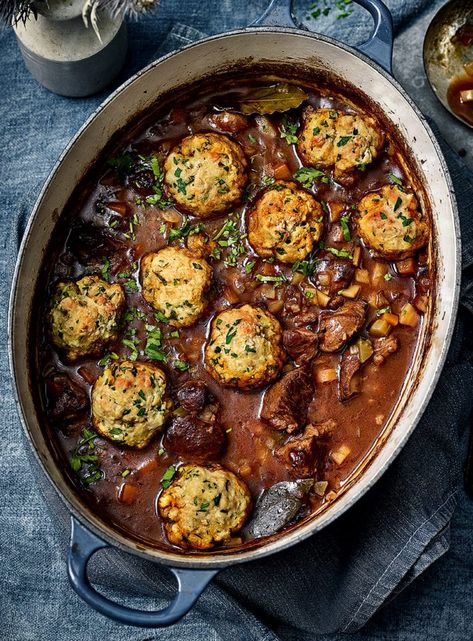 Lamb one-pot with herby dumplings | delicious. magazine Cornbread Dumplings, Beef Stew And Dumplings, Donna Hay Recipes, Stew And Dumplings, With Cornbread, Easy Beef Stew, Slow Cooked Lamb, Slow Cooked Beef, Dumpling Recipe