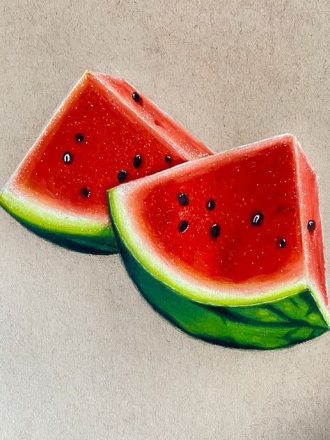 Watermelon Slices Prismacolor Art. Drawing made by Art.By.Cece on instagram Watermelon Slice Drawing, Drawing Ideas Colored Pencil, Watermelon Art Painting, Easy Realistic Drawings, Watermelon Drawing, Colored Pencil Artwork Ideas, Fruit Art Drawings, Watermelon Art, Prismacolor Art