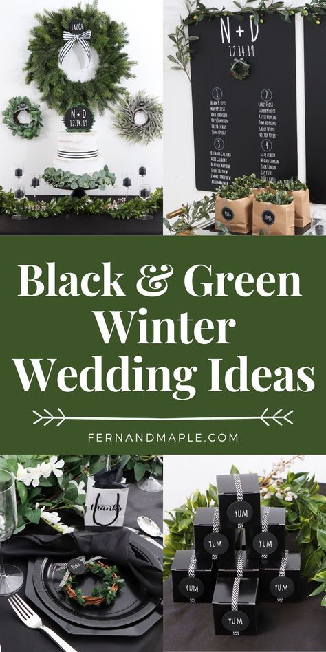 Inspired by the crisp and sleek winter season, this Black and Green Winter Wedding is both modern and romantic. Get all of the DIY decor details now at fernandmaple.com! Black And Green Winter Wedding, Black And White Winter Wedding Theme, Black And Evergreen Wedding, 2023 Winter Wedding Trends, Winter Wonderland Wedding Emerald Green, Early Winter Wedding, Winter Wedding Dark Green, Winter Wedding Forest Green, Black Winter Wedding