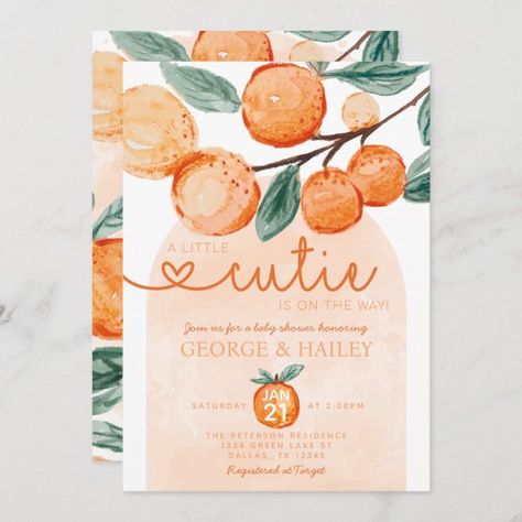 A Little Cutie is on the Way Orange Baby Shower Invitation | Zazzle Orange Watercolor Background, Orange Tree Branch, August Baby Shower, Cutie Orange, Pink Watercolor Background, Cutie Is On The Way, Citrus Baby, Watercolor Orange, Peach Baby Shower