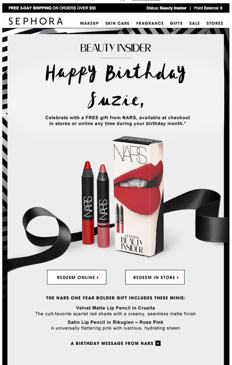 sephora happy birthday eblast. subject line: Unwrap your NARS birthday gift Happy Birthday Email, Birthday Mail, Facebook Ads Examples, Email Marketing Examples, Birthday Email, Carnival Birthday Party Theme, Email Marketing Inspiration, Best Happy Birthday, Email Examples