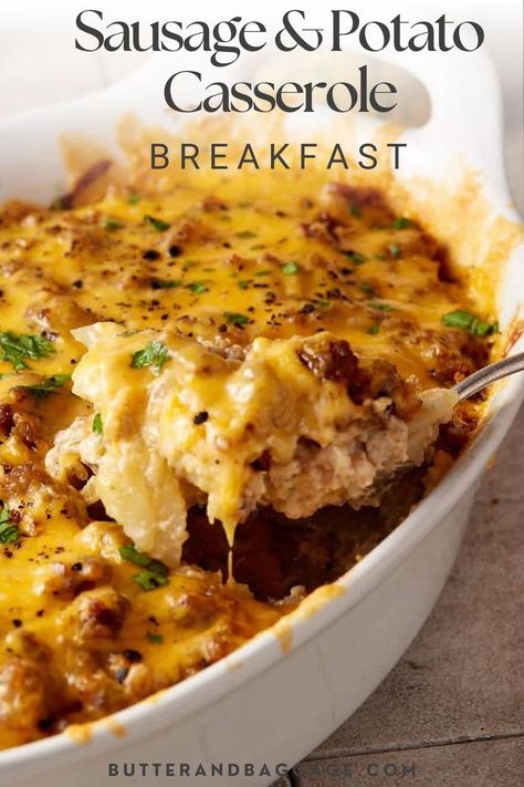 A Sausage and Potato Breakfast Casserole. Sausage And Potato Casserole Breakfast, Breakfast Sausage Potato Casserole, Potato Egg Bake Breakfast Casserole, Breakfast Casserole Real Potatoes, Easy Breakfast Casserole With Potatoes, Breakfast Egg Sausage Potato Casserole, Potato Bacon Egg Cheese Casserole, Egg Casserole Recipes With Potatoes, Breakfast Casserole Diced Potatoes