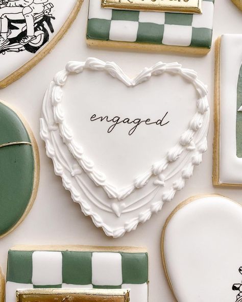 Mary Harness (@kccookiegal) • Instagram photos and videos Engagement Party Cookie Ideas, Just Married Cookies, Engaged Cookies, Engagement Fondant Cookies, Engagement Ring Cookies Decorated, Proposal Cookies Engagement, Engagement Cookies Neutral, Custom Wedding Cookies, Engagement Sugar Cookies