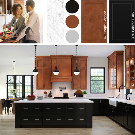 Black And Maple Kitchen Cabinets, Inkwell Kitchen Cabinets, Two Tone Kitchen Cabinets Wood And Black, Black And Maple Kitchen, Two Tone Kitchen Cabinets Color Combinations Brown, Black And Brown Kitchen Cabinets, Black White And Brown Kitchen, Black Lower Cabinets Wood Upper, Cognac Kitchen Cabinets