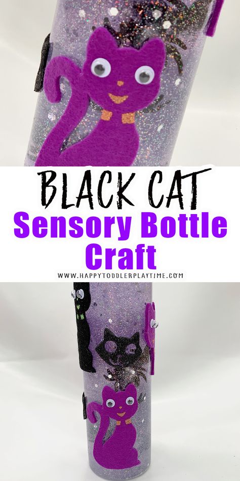 Black Cat Sensory Bottle Craft - HAPPY TODDLER PLAYTIME Cat Sensory Activities, Ocean Sensory Bottles, Cat Sensory, Creative Activities For Toddlers, Sensory Bottles Preschool, Ocean In A Bottle, Sensory Play For Babies, Halloween Lesson Plans, Ocean Sensory