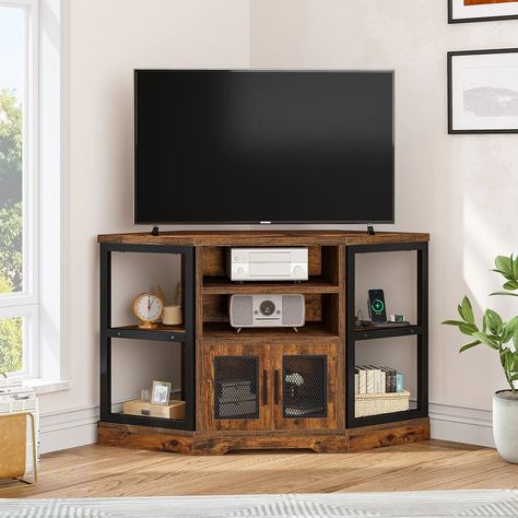 Farmhouse Corner TV Stand Entertainment Center Media Console for TVs up to 55" with Power Outlet - On Sale - Bed Bath & Beyond - 37841652 Tv Showcase Design, Farmhouse Style Tv Stand, Tv Media Console, Farmhouse Entertainment Center, Corner Tv Stands, Tv Stand Shelves, Functional Tv Stand, Wood Entertainment Center, Console Shelf