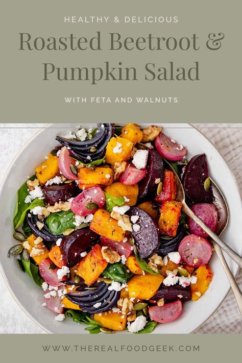 Pumpkin season is here, and what better way to celebrate than with a Roasted Beetroot Pumpkin Salad? This vibrant and flavorful dish is packed with nutrients and easy to make, making it the perfect light lunch or side dish for any occasion. The beets and pumpkin are roasted together with radishes and red onions until tender and caramelized and then tossed with mixed greens, walnuts, feta, pumpkin seeds, and a tangy balsamic dressing. Follow along for more delicious and nutritious recipes! Healthy Christmas Menu, Beetroot And Carrot Salad, Roasted Beetroot, Pumpkin Salad, Salad With Feta, Beetroot Salad, Good Roasts, Nutritious Recipes, Balsamic Dressing