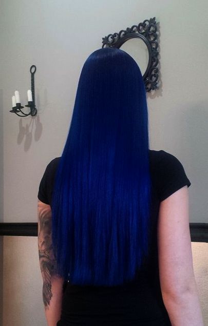 Directions haircolour, neon blue, midnight blue Black And Midnight Blue Hair, Dark Electric Blue Hair, Royal Blue Hair Color, Directions Midnight Blue, Neon Blue Hair, Sapphire Blue Hair, Blue Ponytail, Electric Blue Hair, Midnight Blue Hair