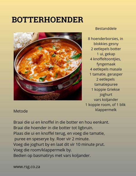 Suid Afrikaanse Resepte, African Cooking, South African Food, South African Recipes, African Recipes, Chicken Curry, Chicken Dishes Recipes, Chicken Crockpot Recipes, Cooking Recipes Desserts