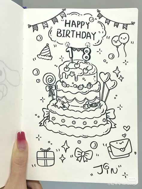 Happy Birthday Art Draw, Happy Birthday Doodle Art, Birthday Drawing Ideas Easy, Journal Birthday Page, Bday Doodles, Happy Birthday Sketch, Happy Birthday Drawing Ideas, Happy Birthday Doodle, Birthday Cake Drawing