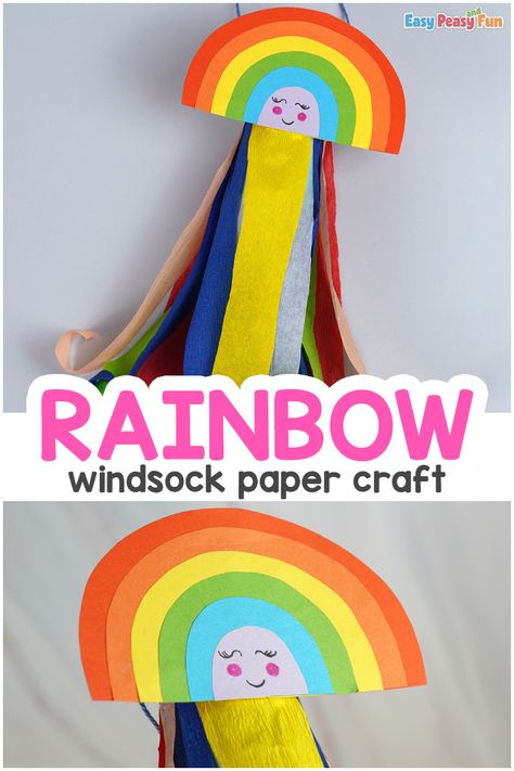 Rainbow Windsock Paper Craft Rainbow Windsock, Sock Template, Windsock Craft, Rainy Outside, Ladybug Crafts, Creative Kids Crafts, Simple Crafts, Spring Crafts For Kids, Kids Exploring