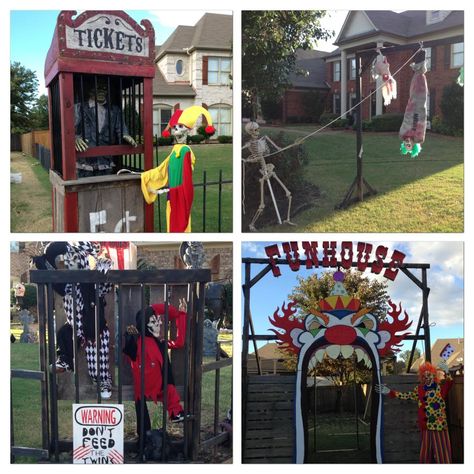 Halloween zombie ticket booth & Scary Funhouse!  Love all this! Freakshow Decorations, Fun House Ideas, Halloween Carnevil, Clown Theme, Circus Props, Haunted Carnival, Halloween Circus, Creepy Carnival, Halloween Office