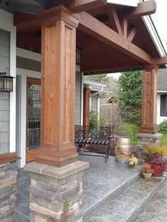 stone columns, post, with built-up skin and recessed panel Porch Column Wraps, Front Porch Pillars, Front Porch Remodel, Front Porch Posts, Porch Pillars, Front Porch Columns, Cedar Posts, Porch Remodel, Wood Columns