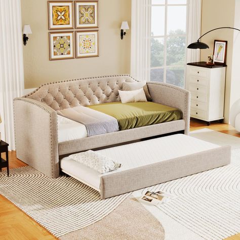 PRICES MAY VARY. [Classic Design] This unique set draws inspiration from classic sofa designs with its rolled arms envelop the body for a sense of coziness. Button tufting back and silver nail head trim details add unexpected layers of comfort and charm. [Solid & Sturdy] The bed frame is made of solid MDF and Pine wood, providing a dense and strong support.The construction ensures both a lifetime of use, Enjoy many long years of relaxation and family fun, secure in this meticulously designed Uph Cama Sofa, Classic Sofa Designs, Day Bed Frame, Daybed With Drawers, Daybed Bedding, Small Bedrooms, Upholstered Daybed, Traditional Bed, Daybed With Trundle