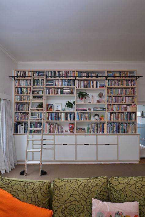 Recently completed bookcase project for a customer in Petone. Double uprights and double thickness shelves for a consistent look across the unit. All shelves are height adjustable so the unit can be reconfigured over time. The shelves are This was our first bookcase with a plywood library ladder, and we're stoked with the result. The ladder can be pushed up against the bookcase so it doesn't take up much space when it's not is use. Material is 19mm Eurolite Multiply by @plytech_nz Plywood Library, Ply Furniture, Bookcase With Ladder, Plywood Kitchen, Library Ladder, New Plymouth, Plywood Furniture, Ladder Bookcase, Traditional Kitchen