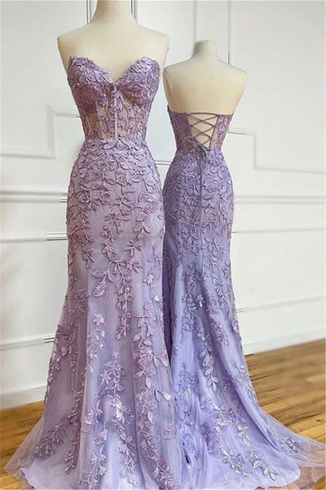 Formal Dresses Purple Lavender, Prom Dresses Aesthetic Purple, Mermaid Dresses With Sleeves, Short Dresses Purple, Purple Mermaid Prom Dress, Vestido Color Lila, 18th Ideas, Lace Wedding Dress Sleeveless, Homecoming Inspo