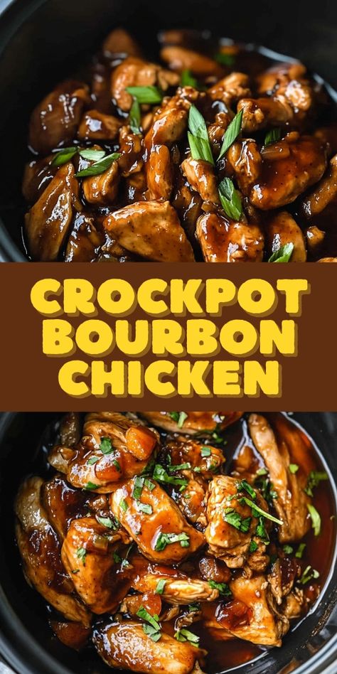 Crockpot Bourbon Chicken  Ingredients:  1 ½ lbs boneless, skinless chicken thighs ½ cup bourbon ½ cup soy sauce ¼ cup ketchup ¼ cup apple cider vinegar ½ cup brown sugar 1 tsp minced garlic 1 tsp grated ginger ½ tsp crushed red pepper flakes 2 tbsp cornstarch 2 tbsp water Cooked white rice for serving Green onions for garnish  #Crockpot #Bourbon #Chicken Mall Bourbon Chicken, Chicken In Crock Pot, Honey Bourbon Chicken, Bourbon Chicken Crockpot, Chicken Crock Pot, Bourbon Chicken Recipe, Crockpot Chicken Thighs, Honey Bourbon, Bourbon Chicken