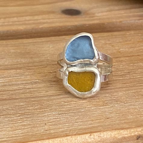 Double Bezel Sea Glass Ring Sea Glass Ring, Glass Ring, Blue Sea Glass, Caramel Brown, Glass Rings, Cornflower Blue, Beach Glass, Complementary Colors, Blue Sea