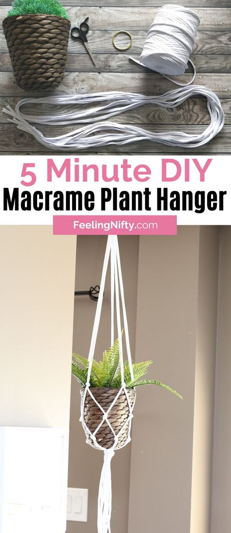 Learn how to make this DIY macrame plant hanger in this tutorials. This easy, free beginner pattern is simple and fast! Make one in 5 minutes! Instructions include how to make with yarn, t-shirt string, or even twine! Use small hanging pots or baskets and to complete the bohemian vibe in your interior decor! #bohemian #boho #bohodecor #5minuteDIY #easyDIY #DIY #CheapDIY #farmhouse #farmhousedecor #planters #indoorplant #plantdecor Diy Plant Hanger Easy, Macrame Plant Hanger Easy, Plant Hanger Tutorials, Diy Macrame Plant Hanger Easy, Diy Macrame Plant Hanger Pattern, Diy Macrame Plant Hanger Tutorials, Macrame Plant Hanger Pattern, Plant Hanger Diy, Plant Hanger Pattern