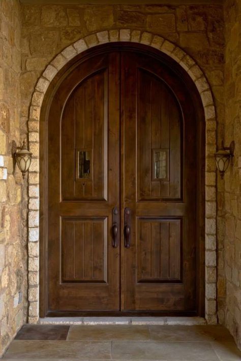 Pearce Street. Knotty Alder Solid Wood Doors. www.clearancedoor.com Arched Wooden Front Door, Double Wooden Gates, Arched Exterior Doors, Wooden House Doors, Tuscan Exterior, Arched Front Door, Wooden Door Entrance, Arched Doorways, Wooden Double Doors