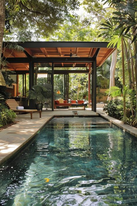 13 Creative Backyard Pool Designs You Need To Try - DreamyHomeStyle Gazebo Pool Ideas, Swimming Pool Inspiration, Japanese Pool Design, Unique Pool Ideas, Beautiful Pools Backyard Luxury, Pool Trends 2024, Pool Lanai Ideas, Drop In Pools, Ranch House Backyard