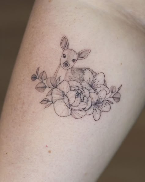 Deer And Sunflower Tattoo, Doe Deer Tattoo, Fawn Tattoo Design, Animals And Flowers Tattoo, Tiny Deer Tattoo, Sleeping Fawn Tattoo, Deer With Flowers Tattoo, Small Deer Tattoos For Women, Doe And Fawn Tattoo