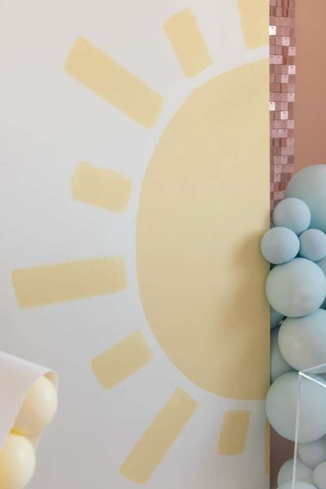 Sun Birthday Party | CatchMyParty.com Sunshine Party Decorations Diy, Fun In The Sun Birthday Party, Sun Birthday Party Theme, Fun In The Sun Party, Sun Themed Birthday Party, Sunshine Birthday Party Ideas, Sun Backdrop, Sunshine Birthday Theme, Sun Birthday Party