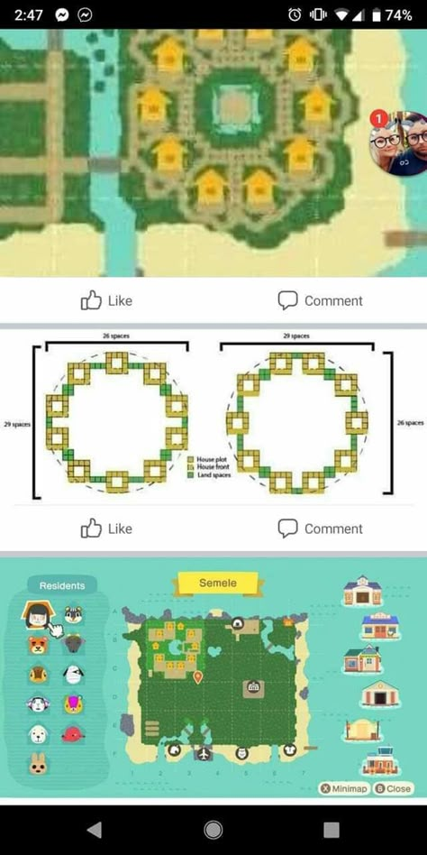 Acnh Resident House Layout, Acnh Circle Neighborhood Layout, Acnh Lake Entrance, Acnh East River Layouts, Circle Neighborhood Animal Crossing, Animal Crossing Neighborhood Layout Map, Animal Crossing House Placement Ideas, Acnh Villagers Homes Layout Size, Acnh Island Design Ideas Neighborhood