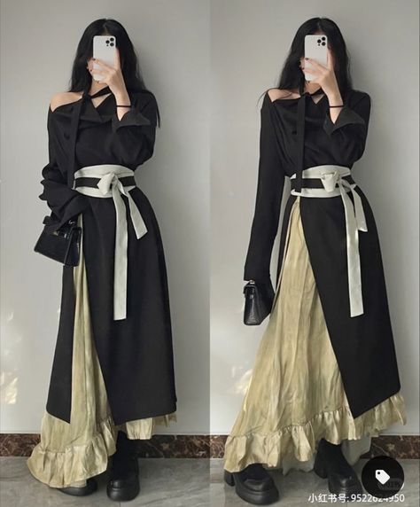 Mode Fashion Japan, Pants Under Dress Outfits, Masculine Dress For Women, Chinese Aesthetic Outfit, Modern Traditional Outfits, Japanese Inspired Outfits, Treemingbird Style, Solar Punk Fashion, Obscure Fashion