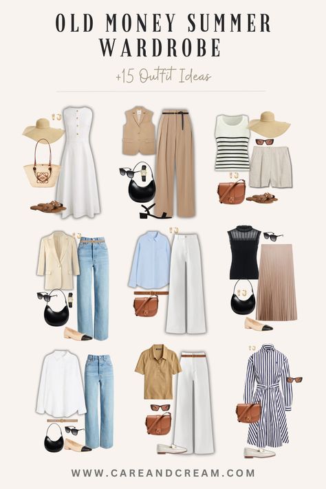 Feel Good Outfits, Classy Summer Outfits Old Money, Summer 2024 Capsule Wardrobe, Capstone Wardrobe, Old Money Aesthetic Summer Outfit, Casual Old Money Outfits, Summer Old Money Outfits, Old Money Wardrobe Essentials, Old Money Outfits Summer