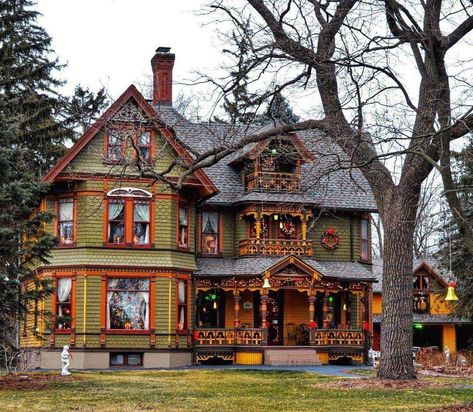 Constructed in 1891, this Eastlake - Queen Anne Style house was built for William and Abby Wing, who contributed greatly to Elgin's development in the 19th century. At the time, the home was considered the most elegant home in the Fox Valley designed by notable architect, Smith Hoag. The Wing Mansion was designated a local historic landmark in April, 2017. Queen Anne Victorian House, Elgin Illinois, Victorian Homes Exterior, Queen Anne House, Queen Anne Victorian, Historical Homes, Sunken Living Room, Cottage Aesthetic, Victorian House