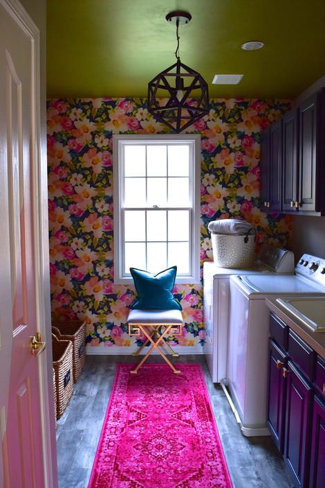 One Room Challenge: Laundry Reveal! Nails Challenge, Pink Laundry Rooms, Pink Rugs, Laundry Room Wallpaper, Laundry Room Inspiration, Laundry Room Remodel, Hal Decor, Laundry Decor, Room Challenge