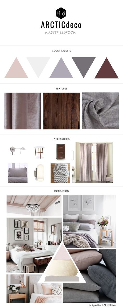 ARCTICdeco.com: Master bedroom mood board Main Bedroom Mood Board, Brown Bedroom Mood Board, Pink Bedroom Mood Board, Master Bedrooms Mood Board, Traditional Interior Design Bedroom, Modern Bedroom Mood Board, Room Perspective, Dark Brown Bedrooms, Bachelor Bedroom