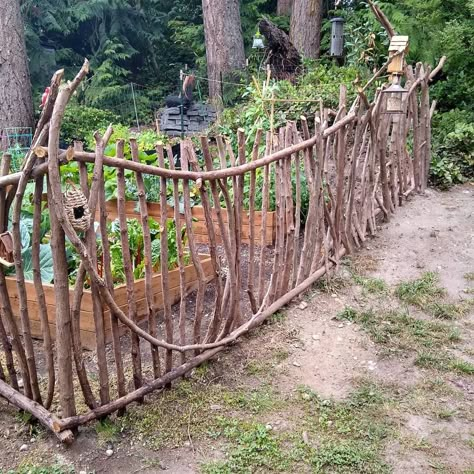 Fun & whimsical garden fence made from reclaimed western red cedar limbs and branches. Garden Fence Branches, Garden Arch From Branches, Fence Out Of Branches, Fence Made From Branches, How To Make Twig Fencing, Branch Fence Diy, Home And Garden Design Ideas, Whimsical Garden Fence, Branch Fence Ideas