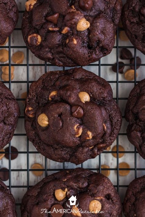 The BEST Chocolate Cookies with Reese's Peanut Butter Chips Double Chocolate Chip Peanut Butter Cookie Recipe, Chocolate Cookie Peanut Butter Chips, Reeses Chips Cookies, Chocolate Reese’s Pieces Cookies, Chocolate Cookie With Peanut Butter Chip, Chocolate Reeses Pieces Cookie, Chocolate Cookies Peanut Butter Chips, Reese’s Peanut Butter Chocolate Cookies, Reese Chip Cookies