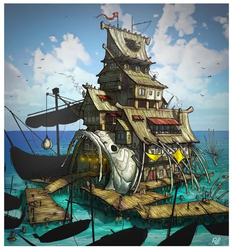 Sea Village Concept Art, Ship House Concept Art, Pirate Tavern Concept Art, Pirate Village Concept Art, Fishing Village Concept Art, Pirate Village, Pirate Tavern, Fantasy Tavern, Pirate Island