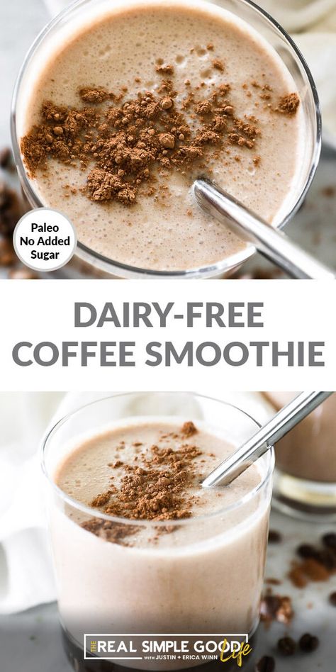 This dairy-free coffee smoothie is great for a morning on-the-go. Get a little punch from the coffee, good fats from the coconut milk and protein from the almond butter. | realsimplegood.com #paleo #smoothie #dairyfree #breakfast Coconut Milk Coffee, Dairy Free Coffee, Dairy Free Smoothies, Coffee Smoothie, Coffee Benefits, Eat Fat, Salty Snacks, Paleo Breakfast, Free Coffee