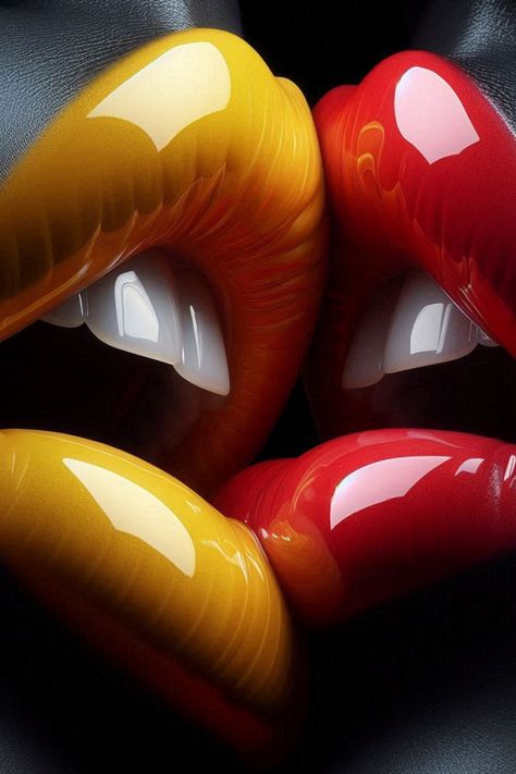 create a hyper realistic image of a two lips with glossy shiny vibrant yellow lips, and glossy shiny vibrant red , each other biting softly lip , background dark , ultra HD 64k hyperrealism studio lightning light reflection Lip Art Painting, Yellow Lips, Lip Background, Lip Pictures, Lip Artwork, Lips Art Print, Lips Photo, Lips Art, Eyeball Art