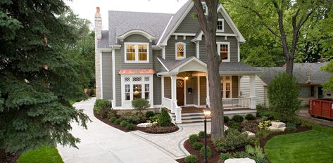 Small Cozy House Exterior, Best Exterior House Paint, Naperville Illinois, House Plans With Pictures, Gray House, Suburban House, American House, House Building, Custom Home Designs