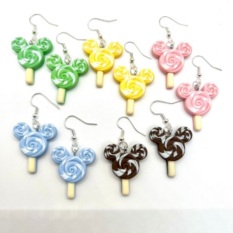 These Earrings Are Made Of Clay With Metal Hooks. Clip-On Hooks Are Available Upon Request During Checkout. All Hooks Are Hypo-Allergenic Earring Hooks Made Of Copper Plated 925 Silver Metal. All Earrings Are Handmade And Ship Within 1-3 Days Of Purchase. Disney Earrings Diy, Disney Clay Earrings, Disney Baubles, Ice Cream Earrings, Crazy Earrings, Pink Waves, Lollipop Earrings, Disney Earrings, Weird Jewelry