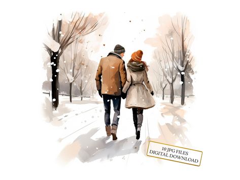 Couple Walking in Winter Scenery Clipart Bundle- 10 High Quality Watercolor JPGs- Love Art, Journaling, Scrapbook Supply, Digital Download by Liededrom on Etsy Walk Couple, Scenery Clipart, Walking In Winter, Scenery Watercolor, Watercolor People, Winter Lovers, Couple Clipart, Journaling Scrapbook, Couple Walking