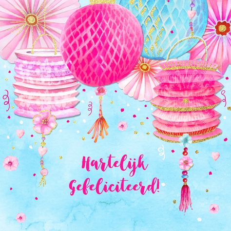 Verjaardag met leuke vrolijke lampionnen in roze tinten op aquarelachtergrond en versierd met bloemetjes Happy Birthday Wishes Quotes, Happy Birthday Greeting Card, Birthday Wishes Quotes, Happy B Day, Happy Birthday Greetings, Now And Then, Birthday Woman, Birthday Flowers, Happy Birthday To You