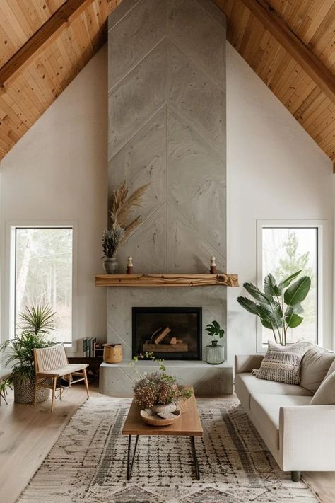 Elevate Your Space: High Ceiling Fireplace Wall Ideas Wooden Mantle On Stone Fireplace, Gas Fireplace Ideas Tall Ceiling, 20 Feet Fireplace Ideas, Accent Walls High Ceilings, Two Story Tile Fireplace, Hardy Board Fireplace, Tall Living Room Fireplace, Organic Modern Fireplace Tile, 2 Story Fireplace Tile