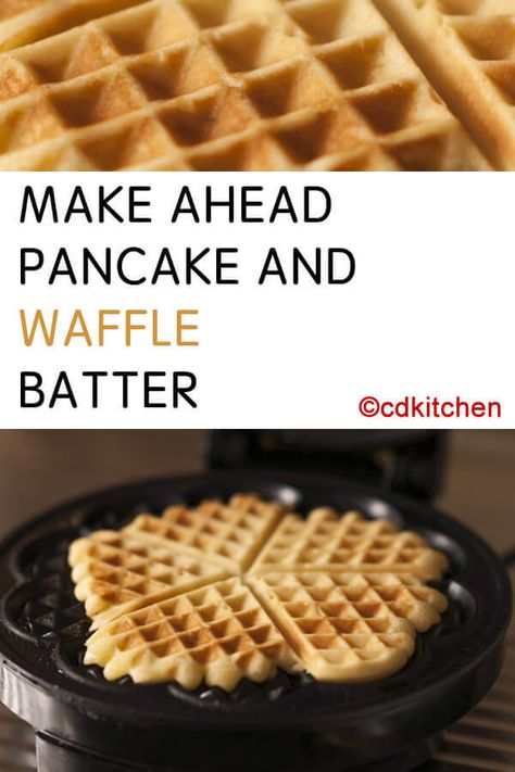 Make Ahead Pancake and Waffle Batter - Make-ahead batter takes the headaches out of pancake mornings. Or waffle mornings, for that matter. This double duty batter keeps a few days in the fridge, and keeps mornings calm. | CDKitchen.com Cake Batter Waffles, Belgium Waffle Recipe, Waffle Batter Recipe, Waffle Batter, Pancake And Waffle, Waffle Iron Recipes, Waffle Maker Recipes, How To Make Waffles, Active Dry Yeast