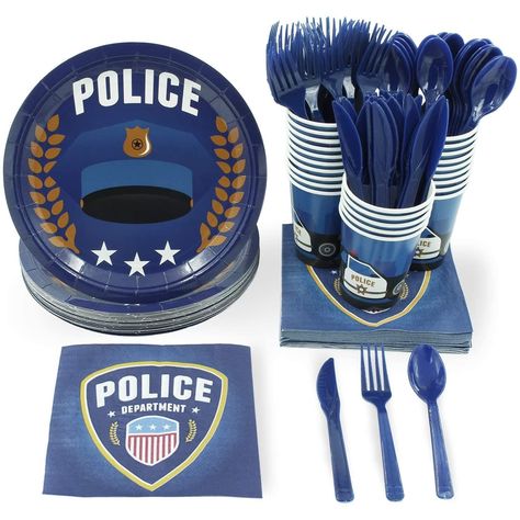 PRICES MAY VARY. Police Party Supplies: This pack includes 24 of the following: paper plates, napkins, cups, knives, forks, and spoons; paper cups hold approximately 250 milliliters of liquid; Napkins are 2-ply and measure 13 x 13 inches when unfolded and measures 6.5 x 6.5 inches folded; Plates are 9 inches in diameter; 144 pieces in total Law Enforcement Theme: The paper plates, cups, and napkins each feature unique designs ranging from cop cars, uniforms, and badges all over a navy blue backg Police Themed Birthday Party, Police Officer Birthday, Police Birthday Party, Police Party, Police Birthday, Plastic Party Plates, Birthday Party Set, Party Bundles, Cars Birthday Parties