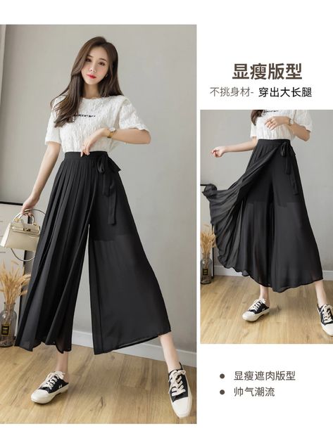 2021 Spring Summer New Style Korean Women Pleated Chiffon Trousers 2022 High Waist Pants Hakama Casual Wide Leg Pantalones - Pants & Capris - AliExpress Chiffon Trousers, Model Celana, Hakama Pants, Pleated Chiffon, High Waist Pants, Pleated Fabric, Stylish Clothes For Women, Style Korean, Waist Pants