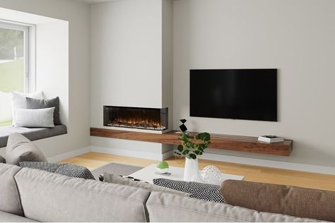 Offset Fireplace Living Rooms, Tv Wall With Fireplace Modern, Corner Fireplace Living Room, Fireplace Modern Design, Corner Electric Fireplace, Fireplace Gallery, Modern Electric Fireplace, Feature Wall Living Room, Living Room Decor Fireplace