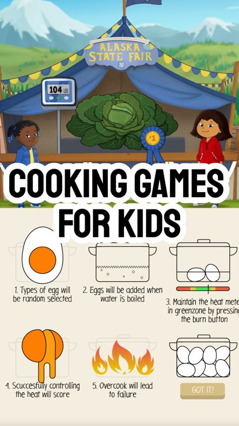 Cooking games to play with kids, fun resources to help children learn about kitchen skills, growing vegetables and more Salt Block Cooking, Cooking With Kids Easy, Cooking Games For Kids, Types Of Eggs, Games To Play With Kids, Kids Cookbook, Online Games For Kids, Kitchen Skills, Cooking Classes For Kids