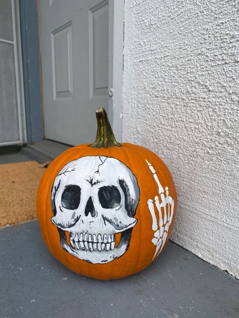 Skeleton pumpkin painting Painted Skeleton Pumpkin, Skeleton Pumpkin Painting Ideas, Spooky Painted Pumpkin Ideas, Pumpkin Painting Skeleton, Pumpkin Painting Ideas Skeleton, Cool Pumpkin Painting Ideas Creative, Skeleton Painted Pumpkin, Horror Pumpkin Painting, Skull Pumpkin Painting